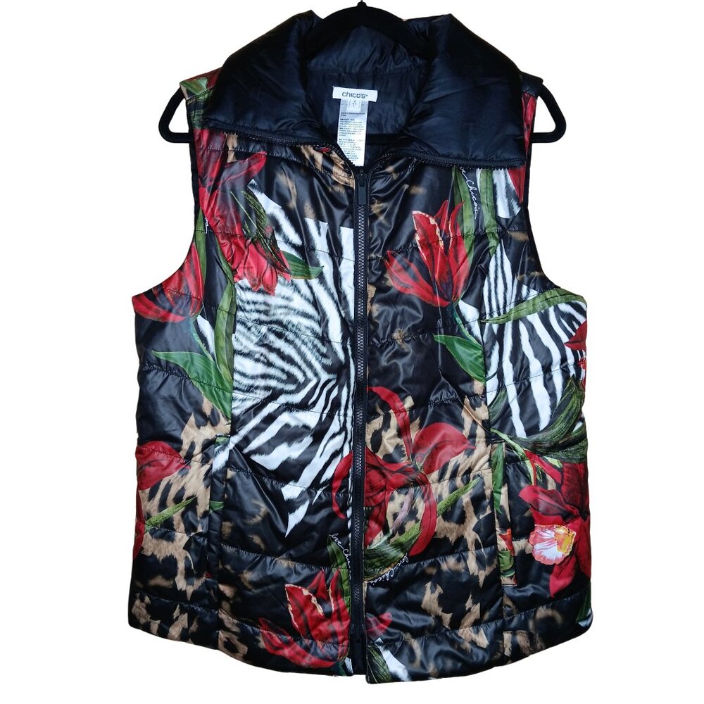 Chico's Tropical Puffer Vest Floral Animal Print Large 12